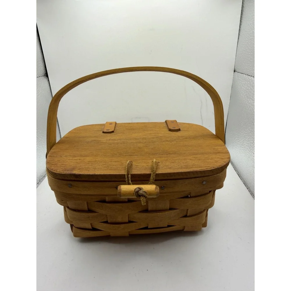 Longaberger 1987 Vintage Handwoven Small Wood Lid Basket with Handle Made in USA